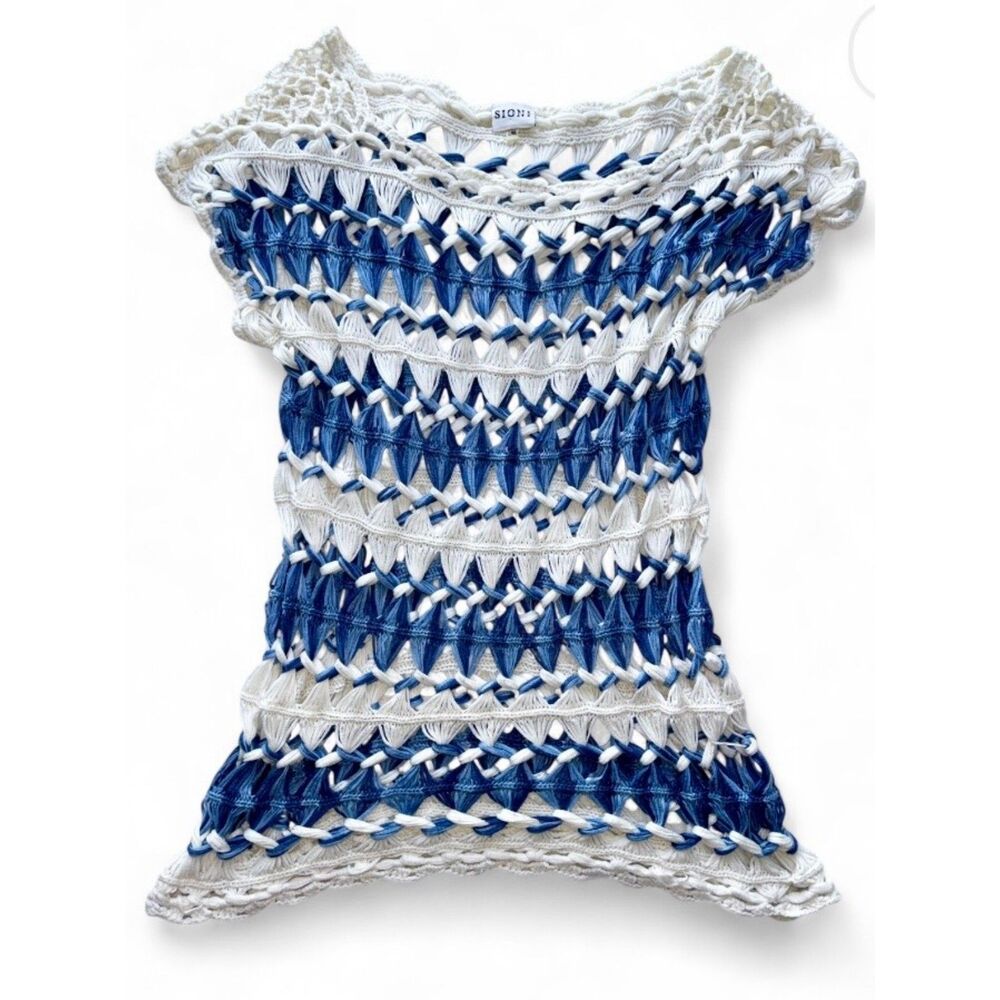 Sioni Studios Crochet Coverup Open Knit Mini Dress Blue White Boho Beach L/XL
